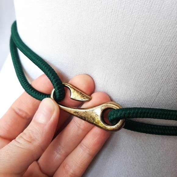 Vtg 80s Green & Gold Braided Rope Belt with Fish Hook Buckle, Fits 28" Waist - Picture 4 of 8